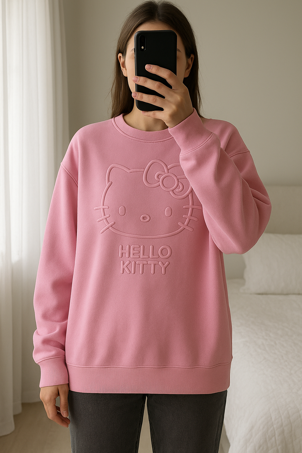 Pull hello kitty debout, face à la caméra, dans une chambre à la lumière douce, avec une lumière naturelle filtrant par la fenêtre.