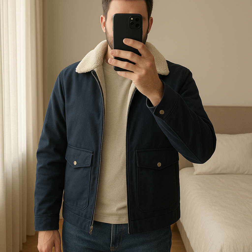 Blouson imitation peau de mouton Harrington col debout, face à la caméra, dans une chambre à la lumière douce, avec une lumière naturelle filtrant par la fenêtre.