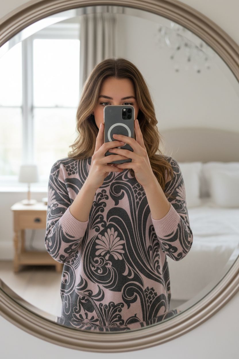 Boden pink & grey damask pattern sweater size 10 cotton cashmere floral print jumper quiet luxury standing straight facing the camera, in a softly lit bedroom setting, with gentle natural light filtering through a window.