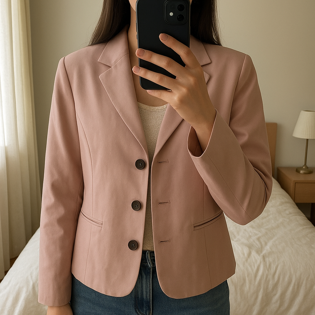 Giacchetta a vita rosa antico in piedi, rivolto verso la fotocamera, in una camera da letto con luce soffusa e luce naturale che filtra dalla finestra.