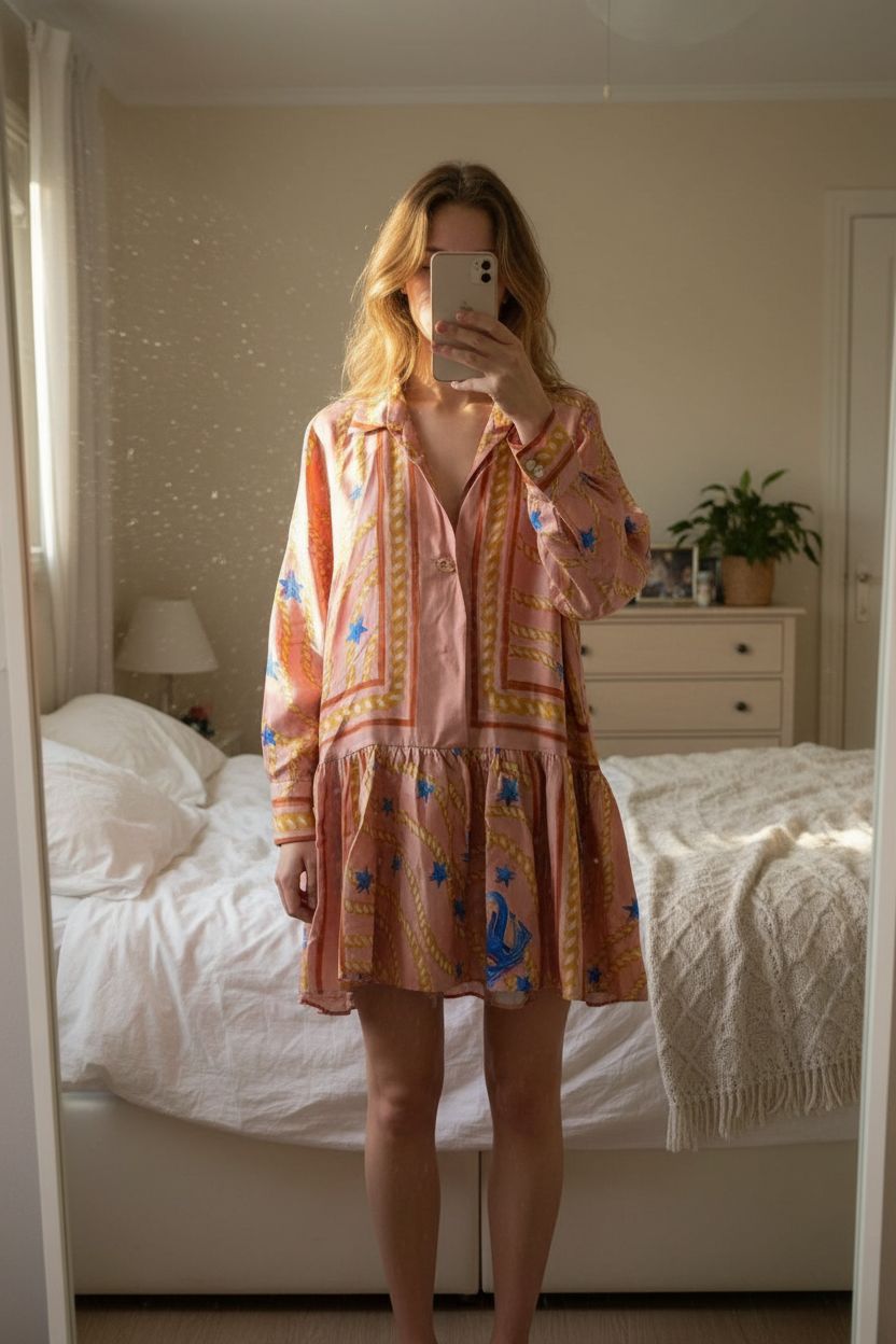 Robe en soie Sandro - Taille 34 debout, face à la caméra, dans une chambre à la lumière douce, avec une lumière naturelle filtrant par la fenêtre.