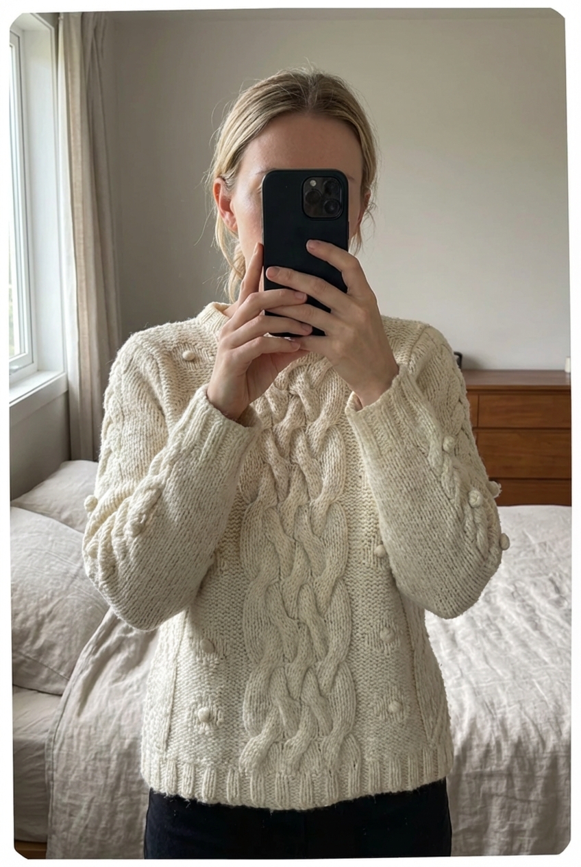 Une personne en Pull Fait Main Torsadé Aran Wool Sweater 100% Laine Blanc crème Aran Craft L debout, face à la caméra, dans une chambre à la lumière douce, avec une lumière naturelle filtrant par la fenêtre.