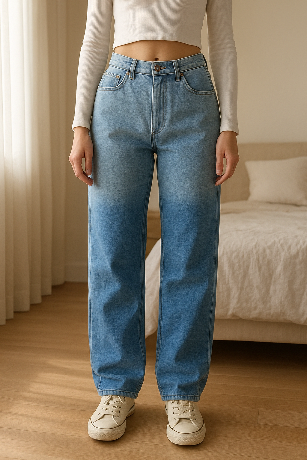 Jeans con coulisse modello baggy,nuovo in piedi, rivolto verso la fotocamera, in una camera da letto con luce soffusa e luce naturale che filtra dalla finestra.