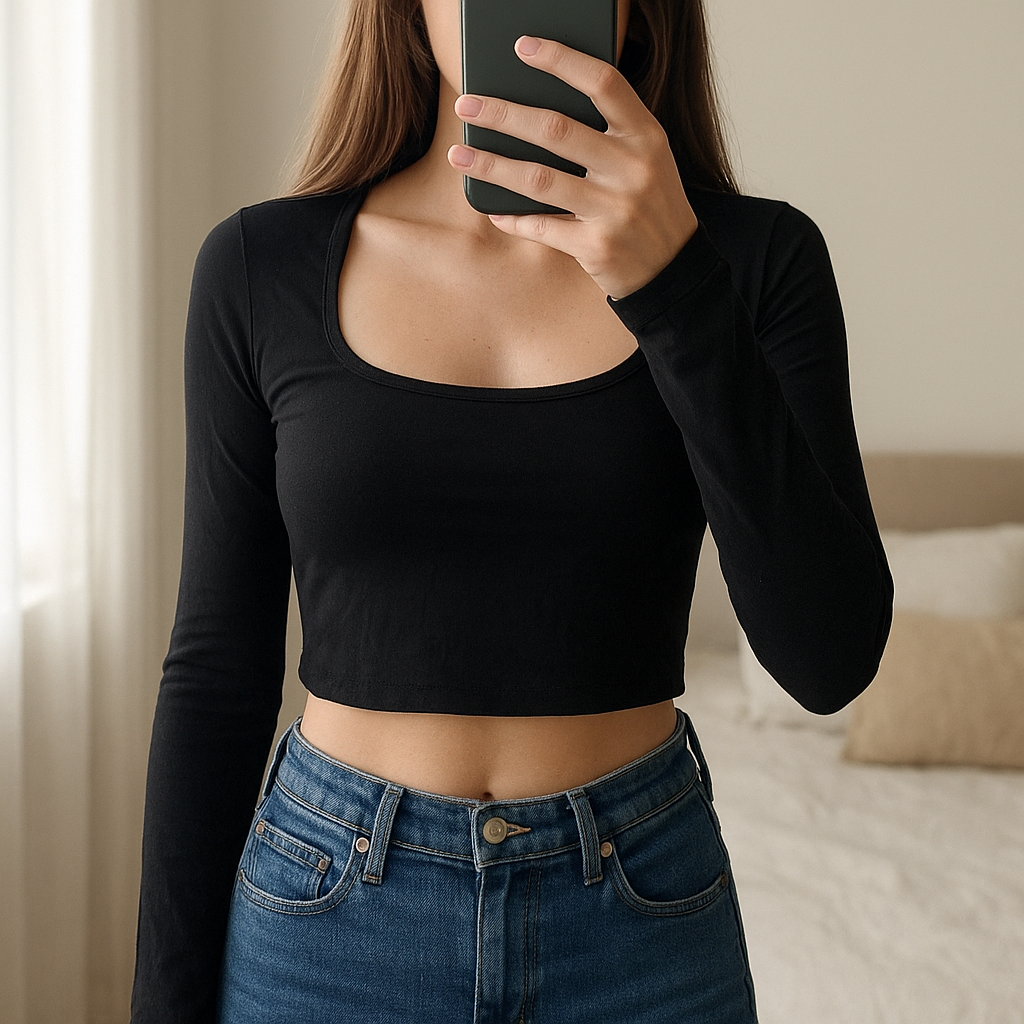 Boléro noir à manches longues – Kiabi, taille M (neuf avec étiquette) 🖤 debout, face à la caméra, dans une chambre à la lumière douce, avec une lumière naturelle filtrant par la fenêtre.