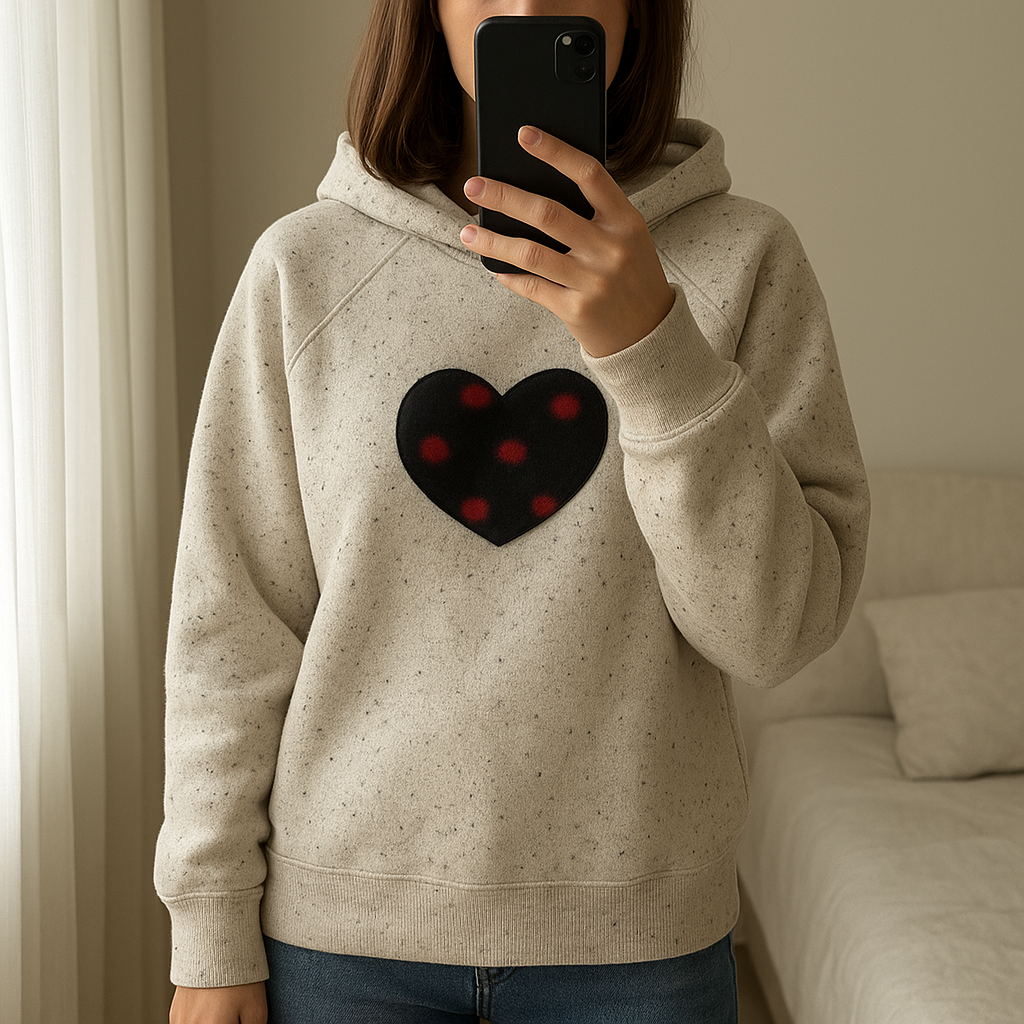 Pull à capuche debout, face à la caméra, dans une chambre à la lumière douce, avec une lumière naturelle filtrant par la fenêtre.