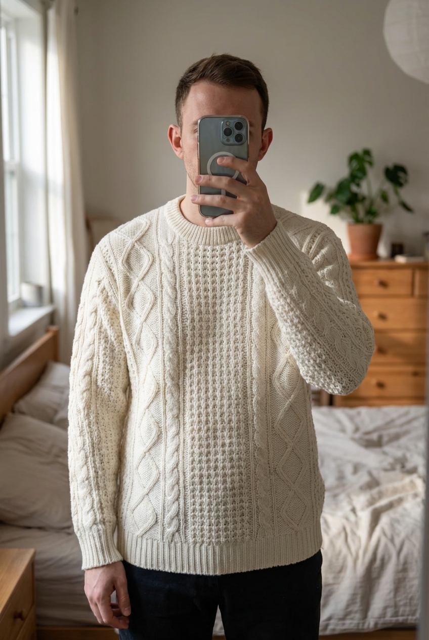 Pull Fait Main Tricot Aran Sweater 100% Acrylique Blanc Crème Aran Craft XL debout, face à la caméra, dans une chambre à la lumière douce, avec une lumière naturelle filtrant par la fenêtre.