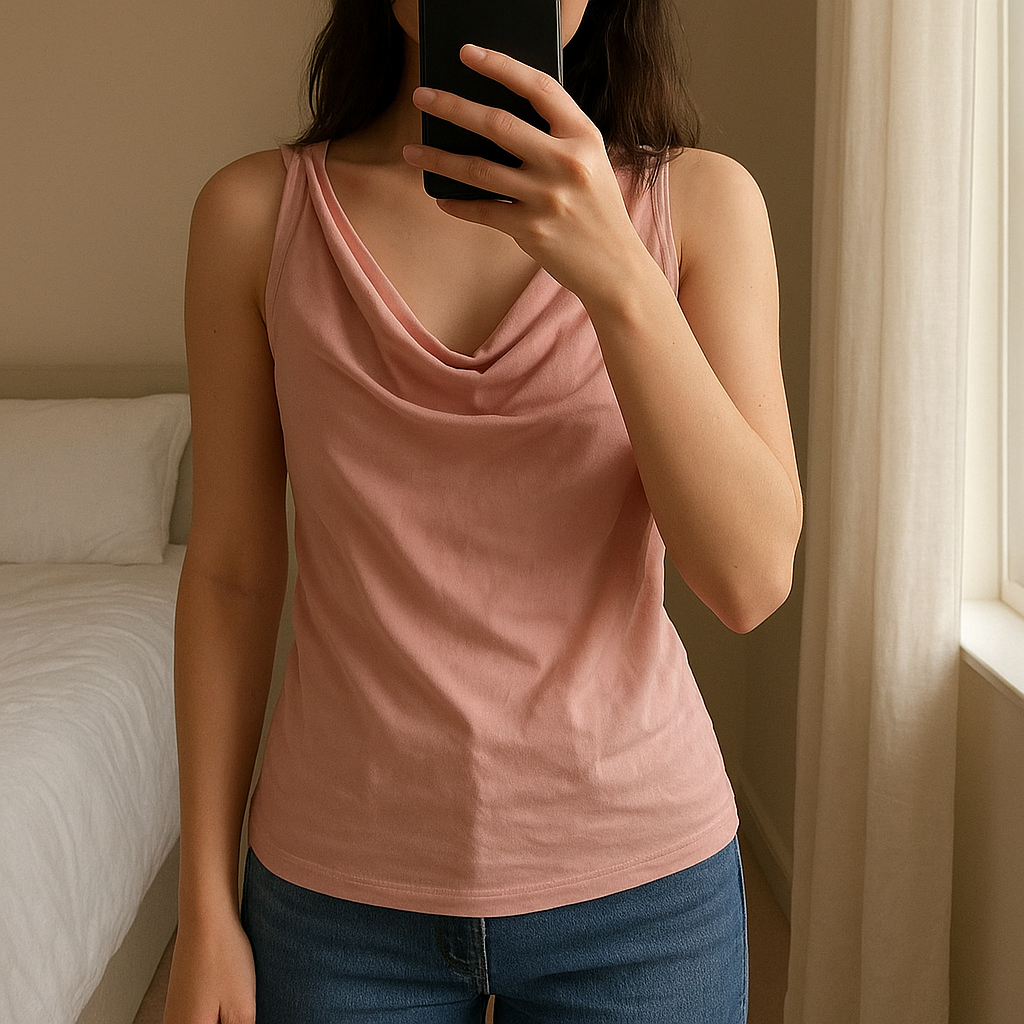 Blouse Zara T36 neuf debout, face à la caméra, dans une chambre à la lumière douce, avec une lumière naturelle filtrant par la fenêtre.
