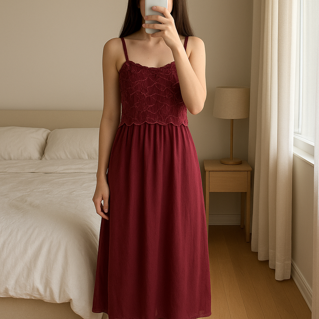 Robe Zara T36 neuf debout, face à la caméra, dans une chambre à la lumière douce, avec une lumière naturelle filtrant par la fenêtre.