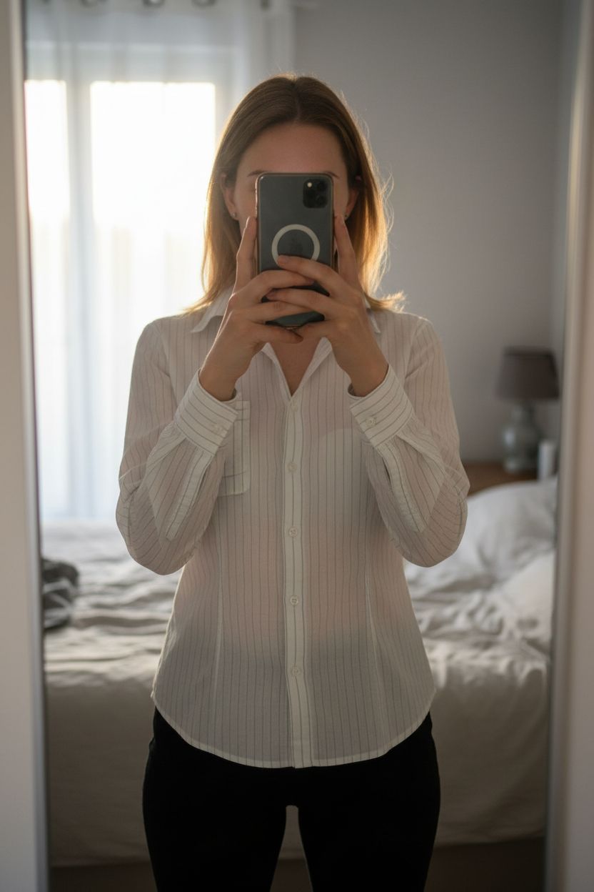 EDC by Esprit Bluse weiß gestreift Gr M aufrecht stehend, der Kamera zugewandt, in einem sanft beleuchteten Schlafzimmer, mit natürlichem Licht, das durch ein Fenster fällt.