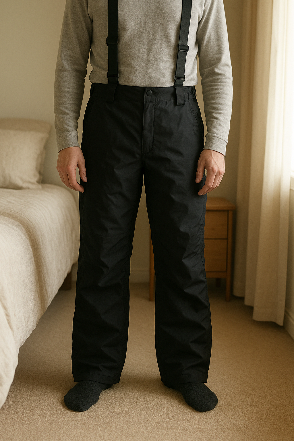 🖤 Pantalon de ski Wed’ze noir – Taille 14 ans – Parfait état debout, face à la caméra, dans une chambre à la lumière douce, avec une lumière naturelle filtrant par la fenêtre.