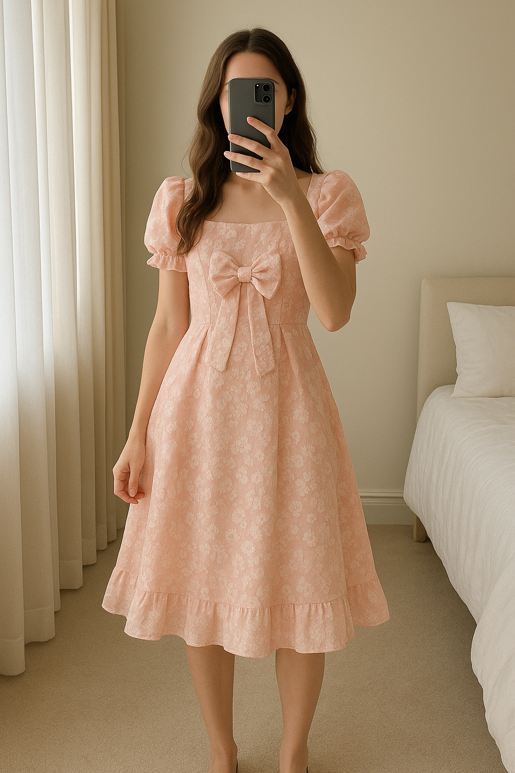 Robe rose à fleurs effet jacquard debout, face à la caméra, dans une chambre à la lumière douce, avec une lumière naturelle filtrant par la fenêtre.