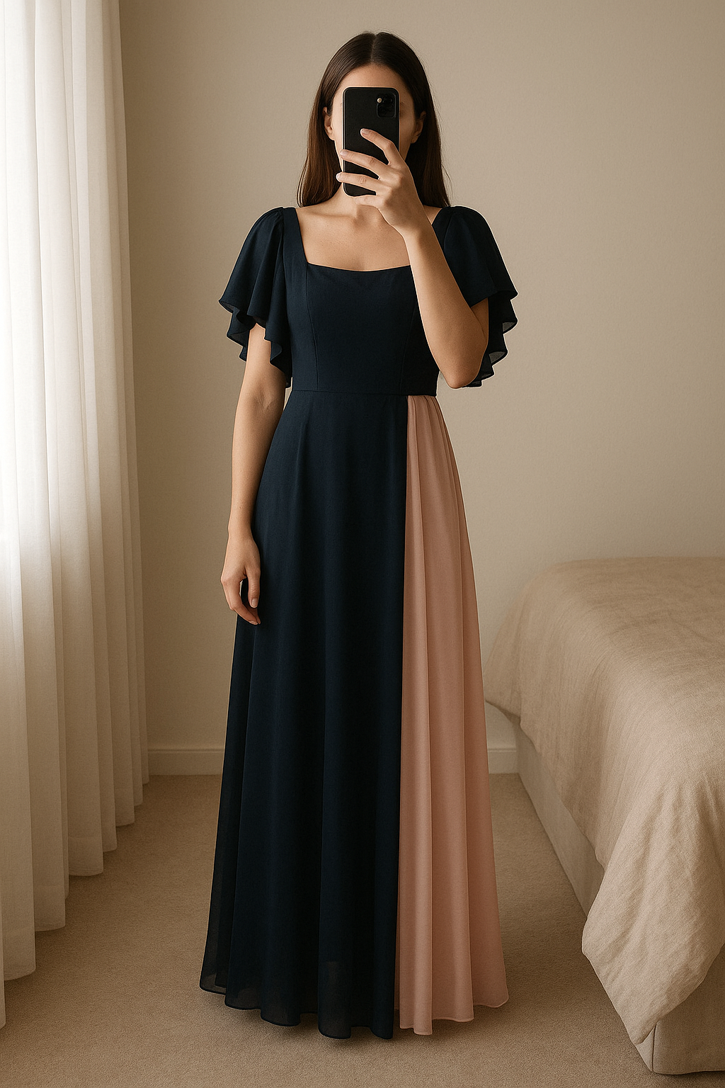 "Abito elegante Signorini Alta Moda tg 48, perfetto per cerimonie" in piedi, rivolto verso la fotocamera, in una camera da letto con luce soffusa e luce naturale che filtra dalla finestra.