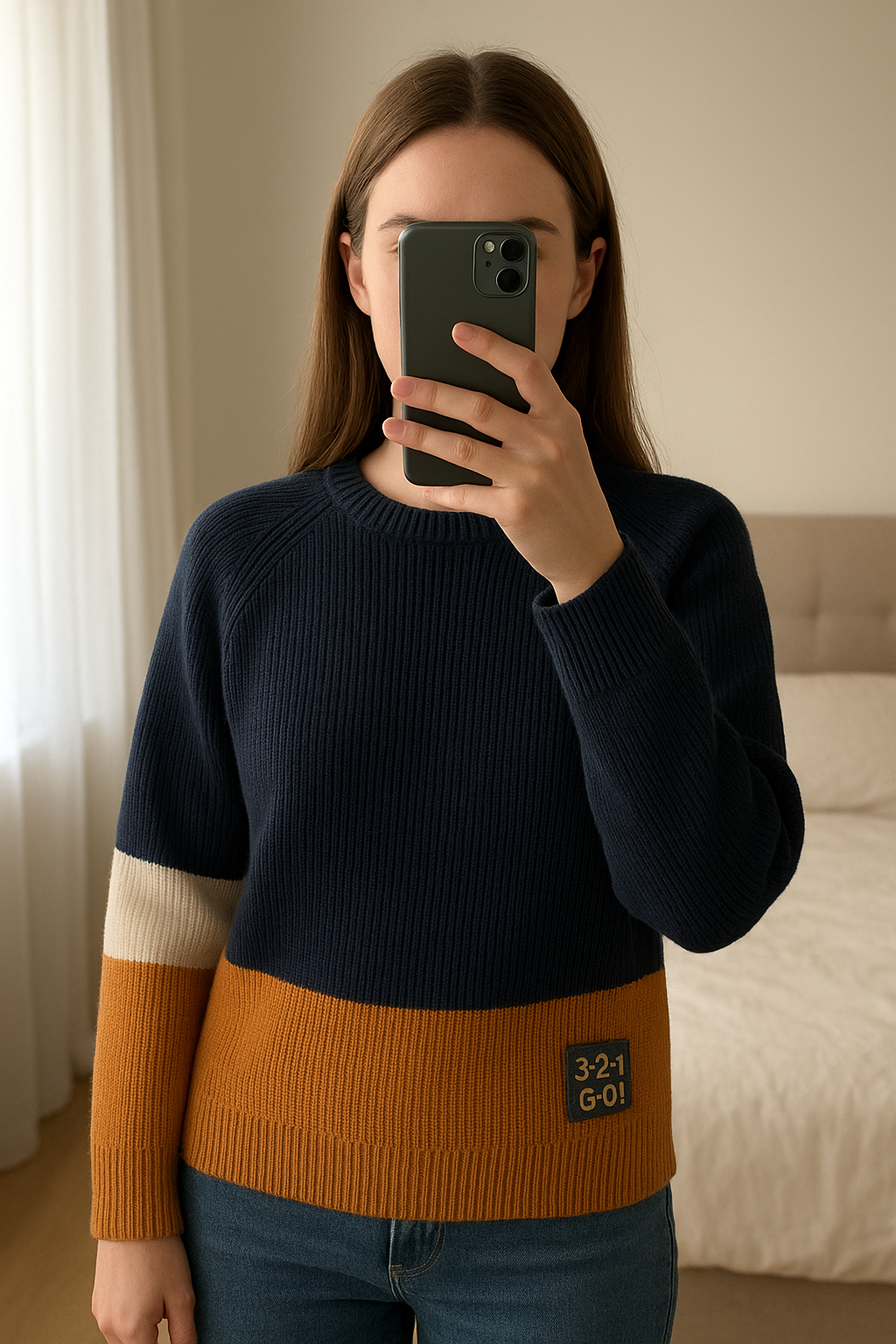 Pull 12 ans debout, face à la caméra, dans une chambre à la lumière douce, avec une lumière naturelle filtrant par la fenêtre.