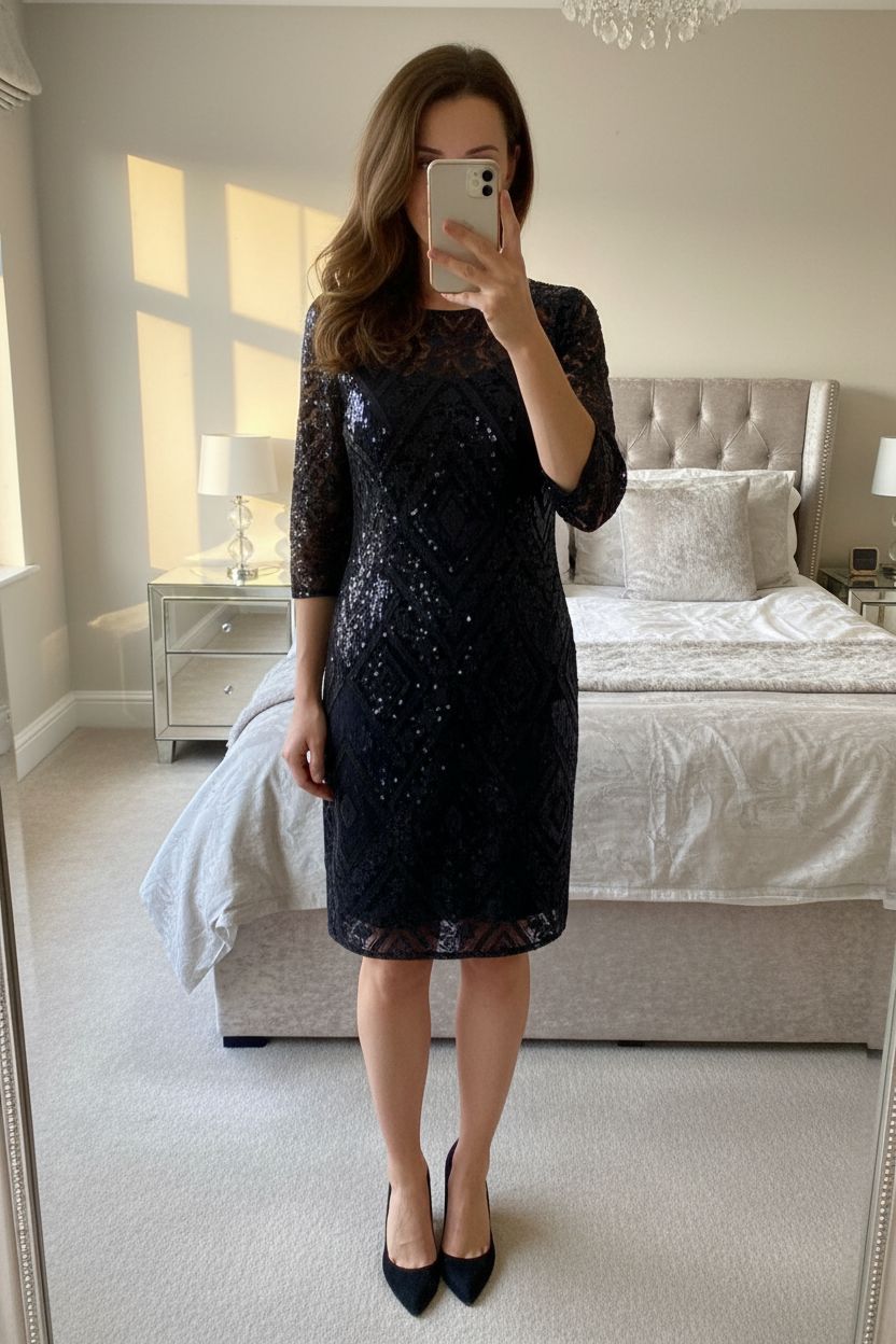 Fenn Wright Manson Dress UK 10 Black Sequin Lace Cocktail Wear Old Money Party standing straight facing the camera, in a softly lit bedroom setting, with gentle natural light filtering through a window.