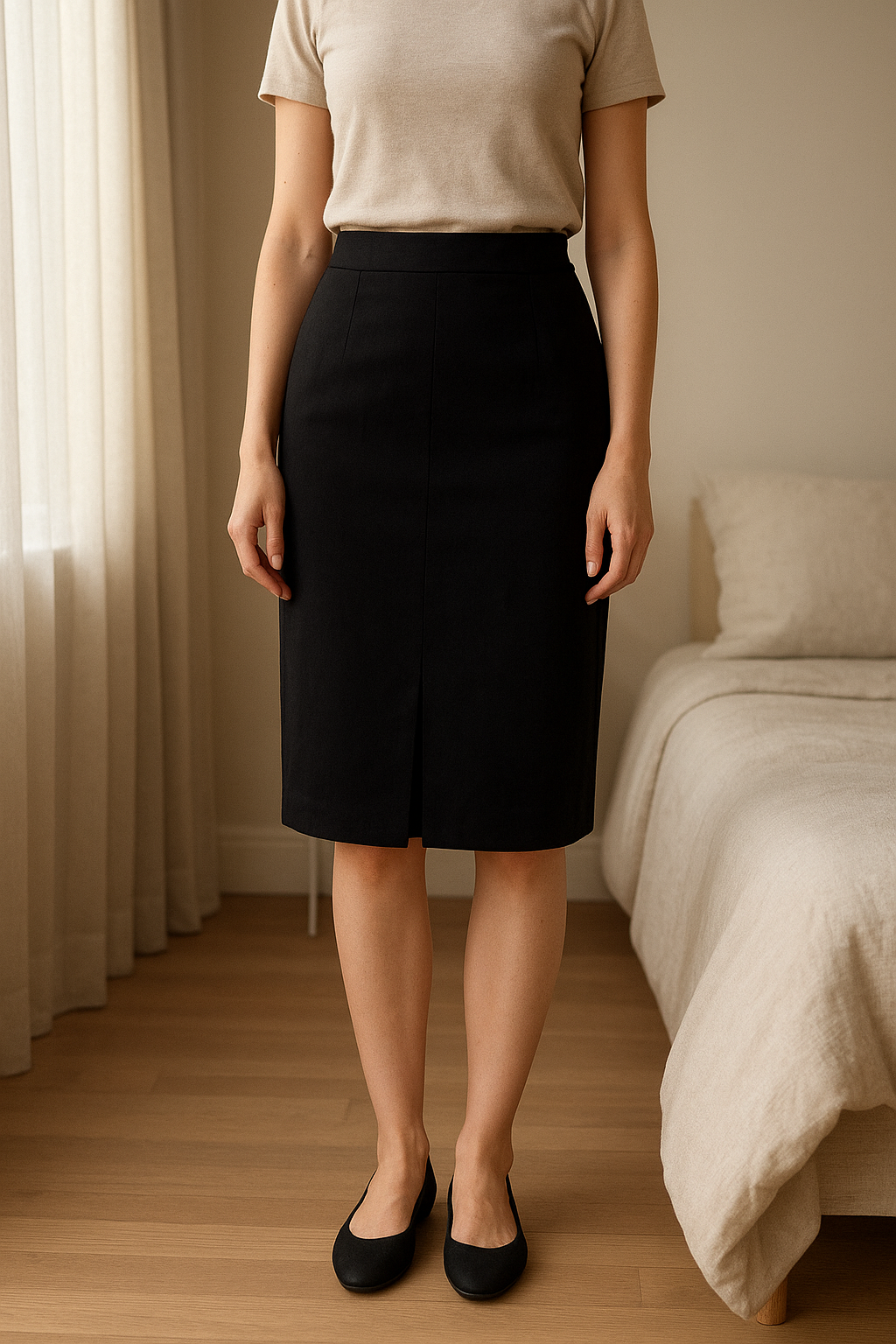 Jupe Noir New Yorker debout, face à la caméra, dans une chambre à la lumière douce, avec une lumière naturelle filtrant par la fenêtre.