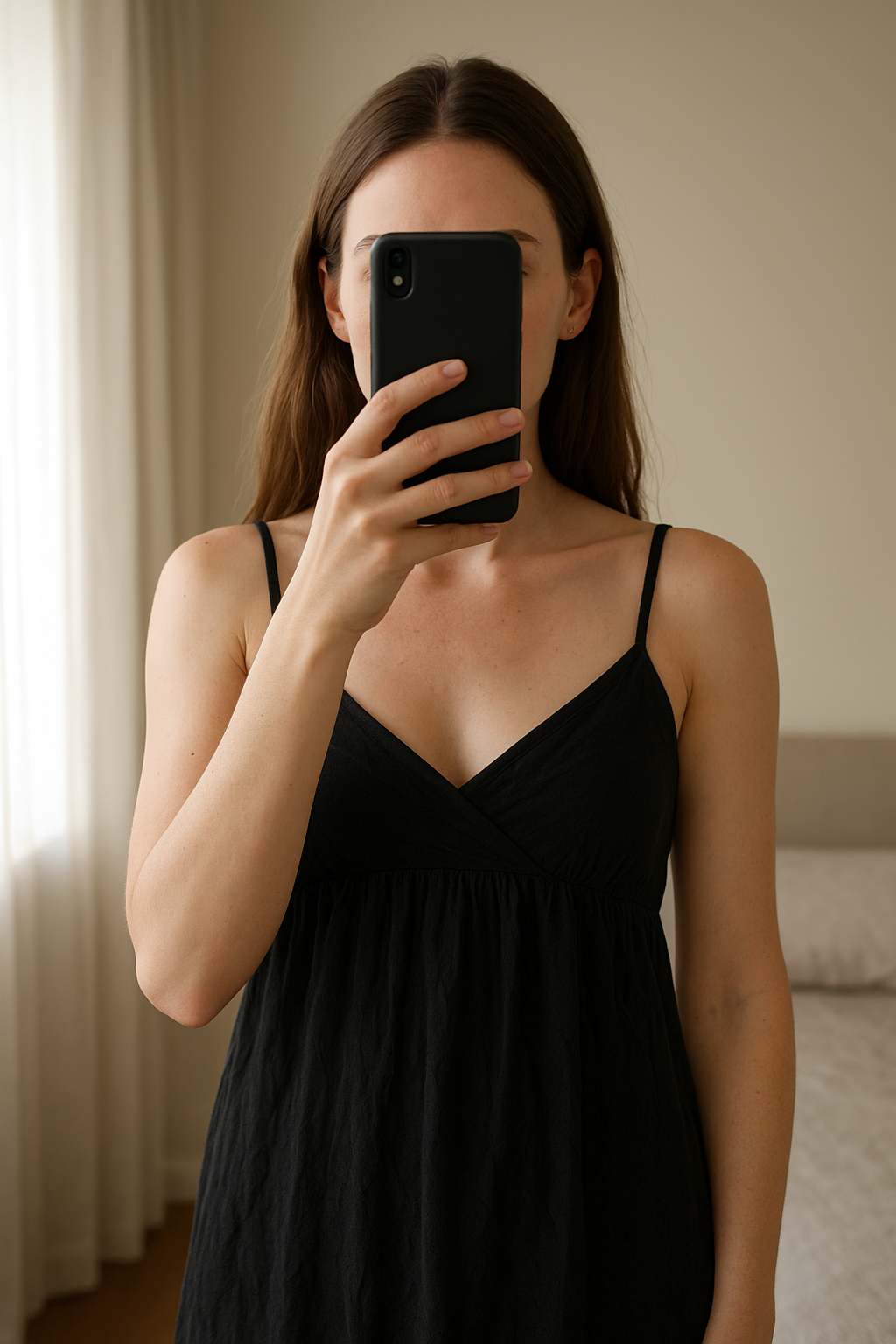 New Look Long Black Top Size 10 standing straight facing the camera, in a softly lit bedroom setting, with gentle natural light filtering through a window.
