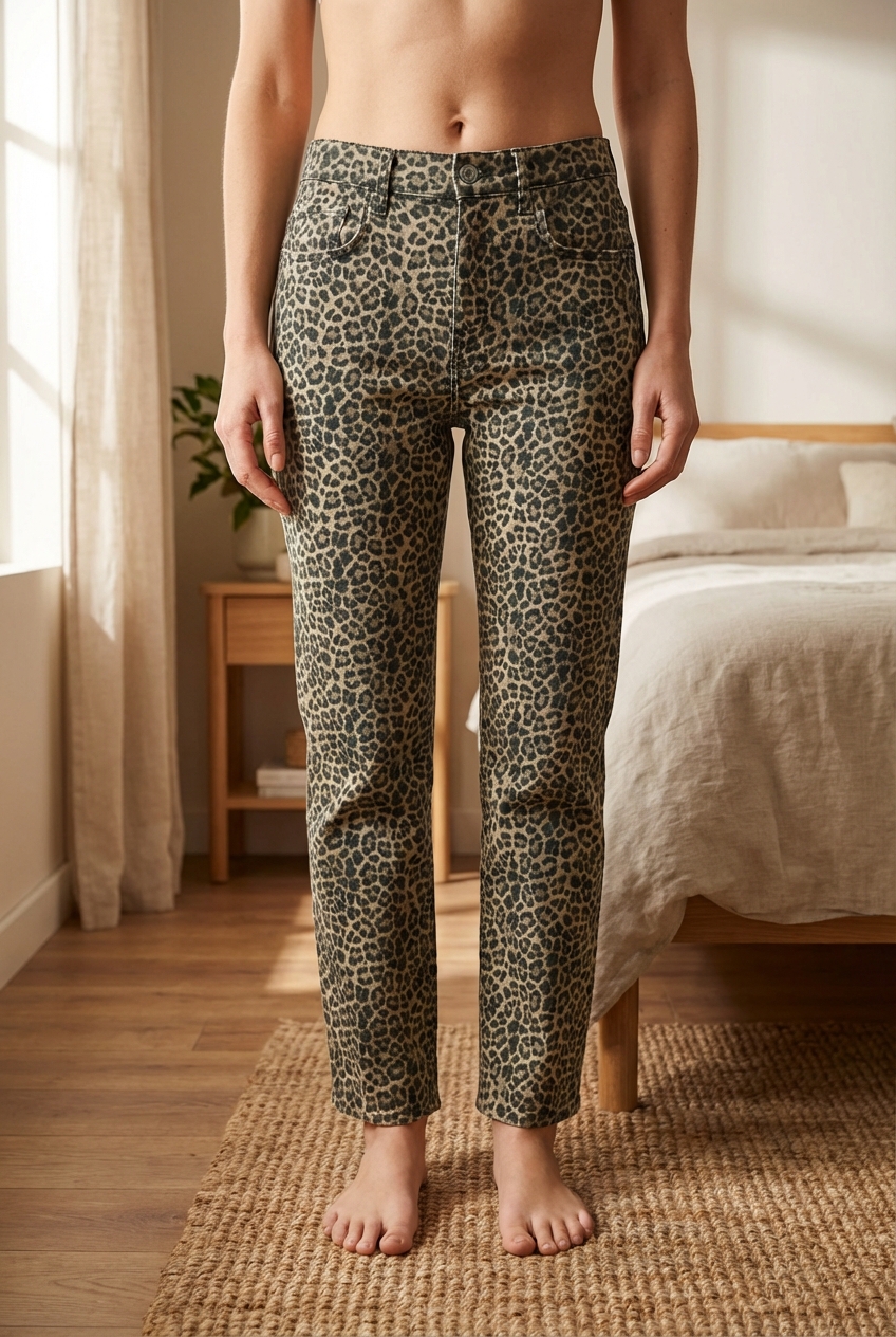 Jean Zara motif leopard debout, face à la caméra, dans une chambre à la lumière douce, avec une lumière naturelle filtrant par la fenêtre.