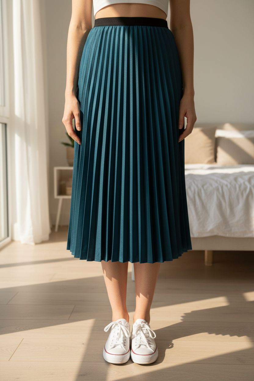 Jupe en satin plissée zara taille xs debout, face à la caméra, dans une chambre à la lumière douce, avec une lumière naturelle filtrant par la fenêtre.