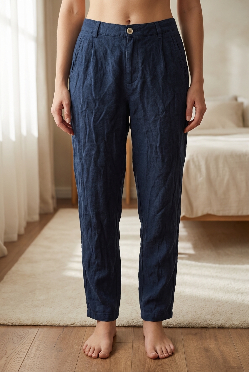 Pantalon Zara 100% lin bleu 36 – Neuf avec étiquette debout, face à la caméra, dans une chambre à la lumière douce, avec une lumière naturelle filtrant par la fenêtre.