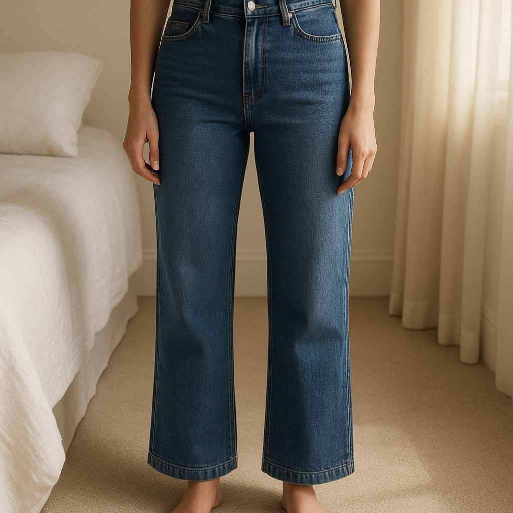 Gorgeous size 20 petite wide leg jeans from Next standing straight facing the camera, in a softly lit bedroom setting, with gentle natural light filtering through a window.