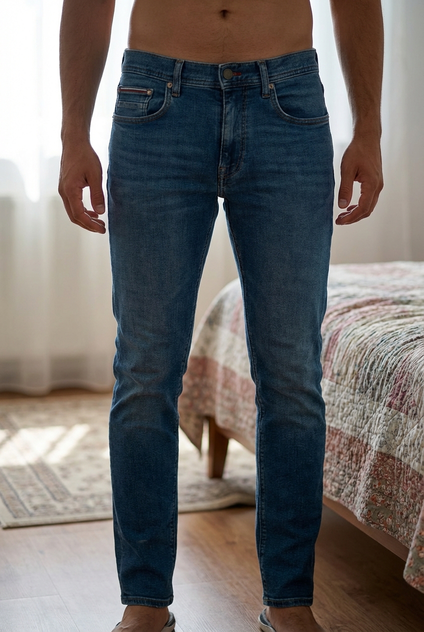 Une personne en Jean Tommy debout, face à la caméra, dans une chambre à la lumière douce, avec une lumière naturelle filtrant par la fenêtre.