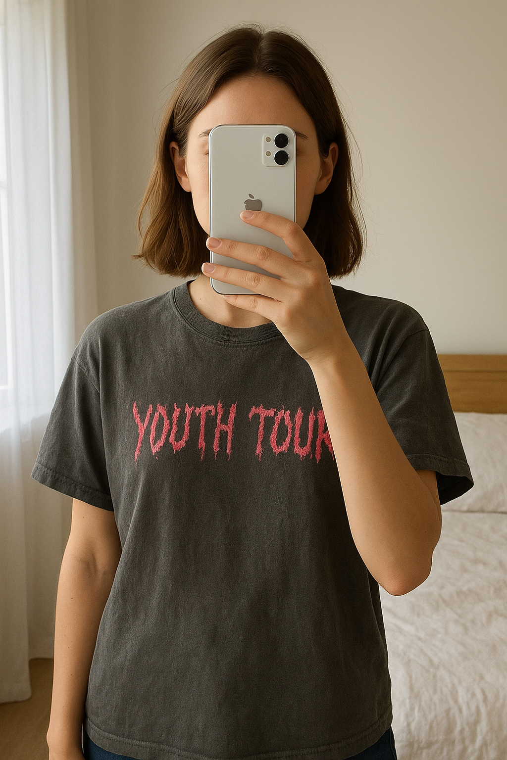 T-shirt Jennyfer debout, face à la caméra, dans une chambre à la lumière douce, avec une lumière naturelle filtrant par la fenêtre.