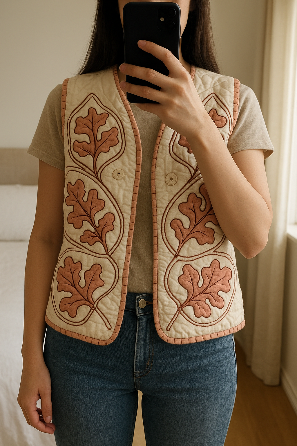 Gilet zara Taille M neuf debout, face à la caméra, dans une chambre à la lumière douce, avec une lumière naturelle filtrant par la fenêtre.
