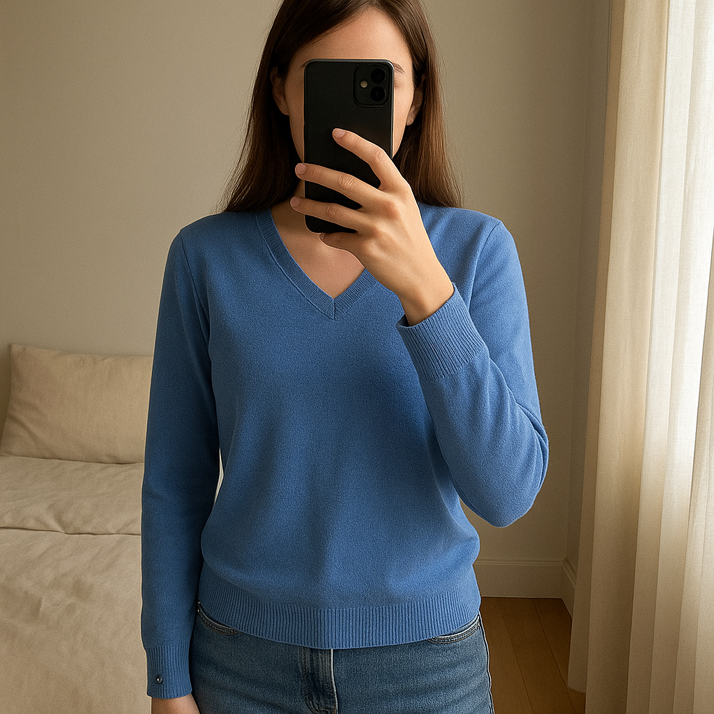 Pull Col V Coton Tommy Hilfiger Bleu L debout, face à la caméra, dans une chambre à la lumière douce, avec une lumière naturelle filtrant par la fenêtre.