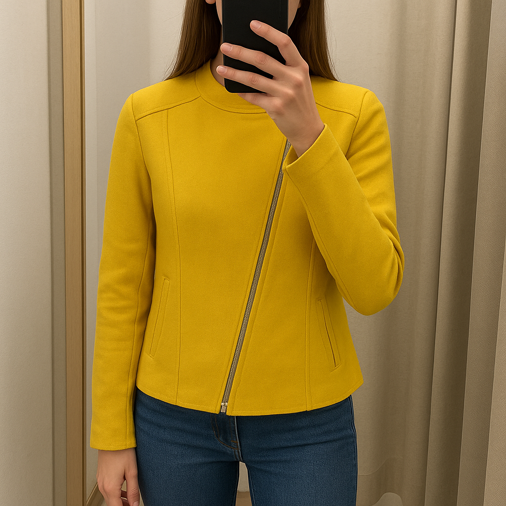 Une personne en Veste jaune moutarde chic – Lauren Ralph Lauren – Style biker - L debout, face à la caméra, avec une silhouette fine, dans une cabine d’essayage de style boutique avec un miroir et une décoration neutre.