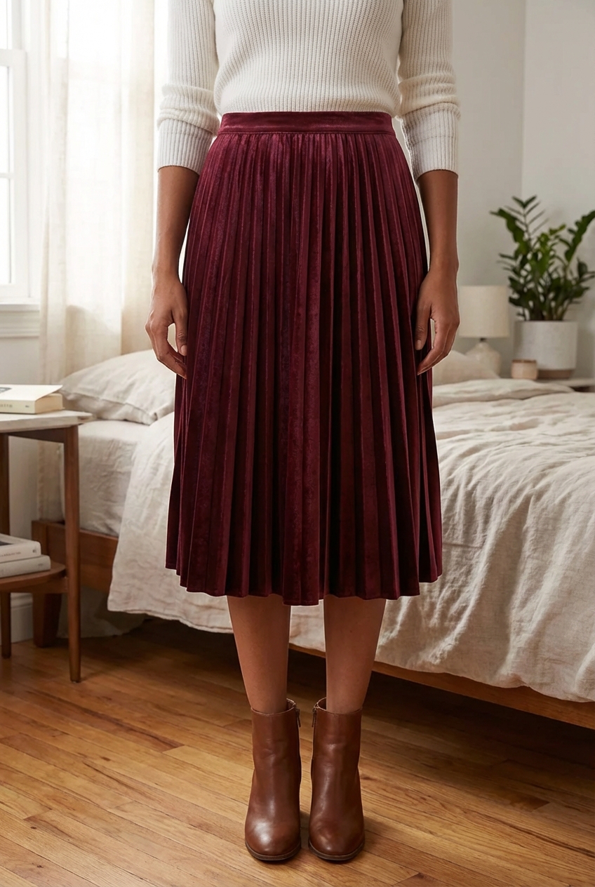 Une personne en Jupe plissée en satin bordeaux Banana Republic - Taille Petite (équivalent EU 34/36) debout, face à la caméra, avec une silhouette fine, dans une chambre à la lumière douce, avec une lumière naturelle filtrant par la fenêtre.
