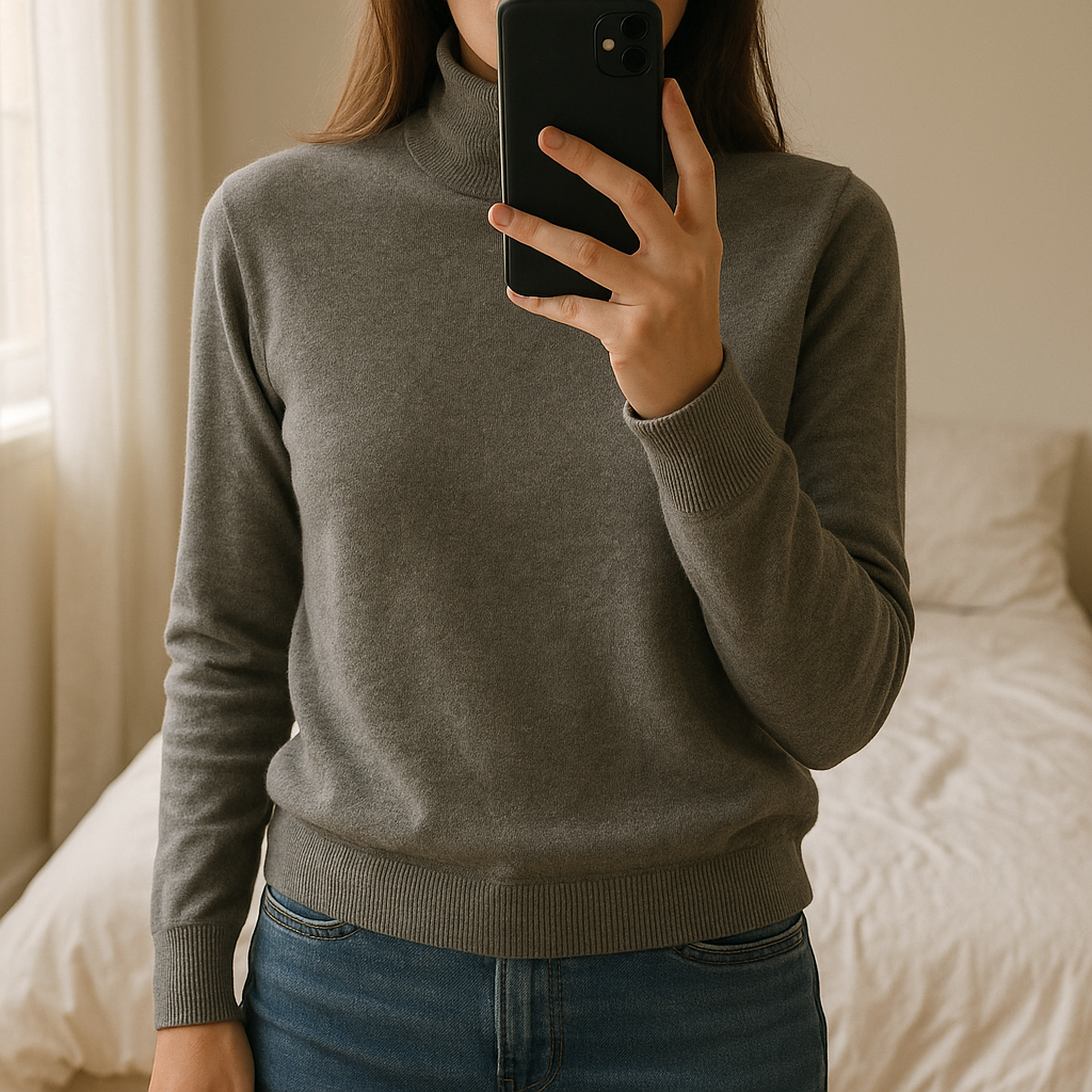 Maison Cinqcent merino blend turtleneck sweater size M/12 standing straight facing the camera, in a softly lit bedroom setting, with gentle natural light filtering through a window.