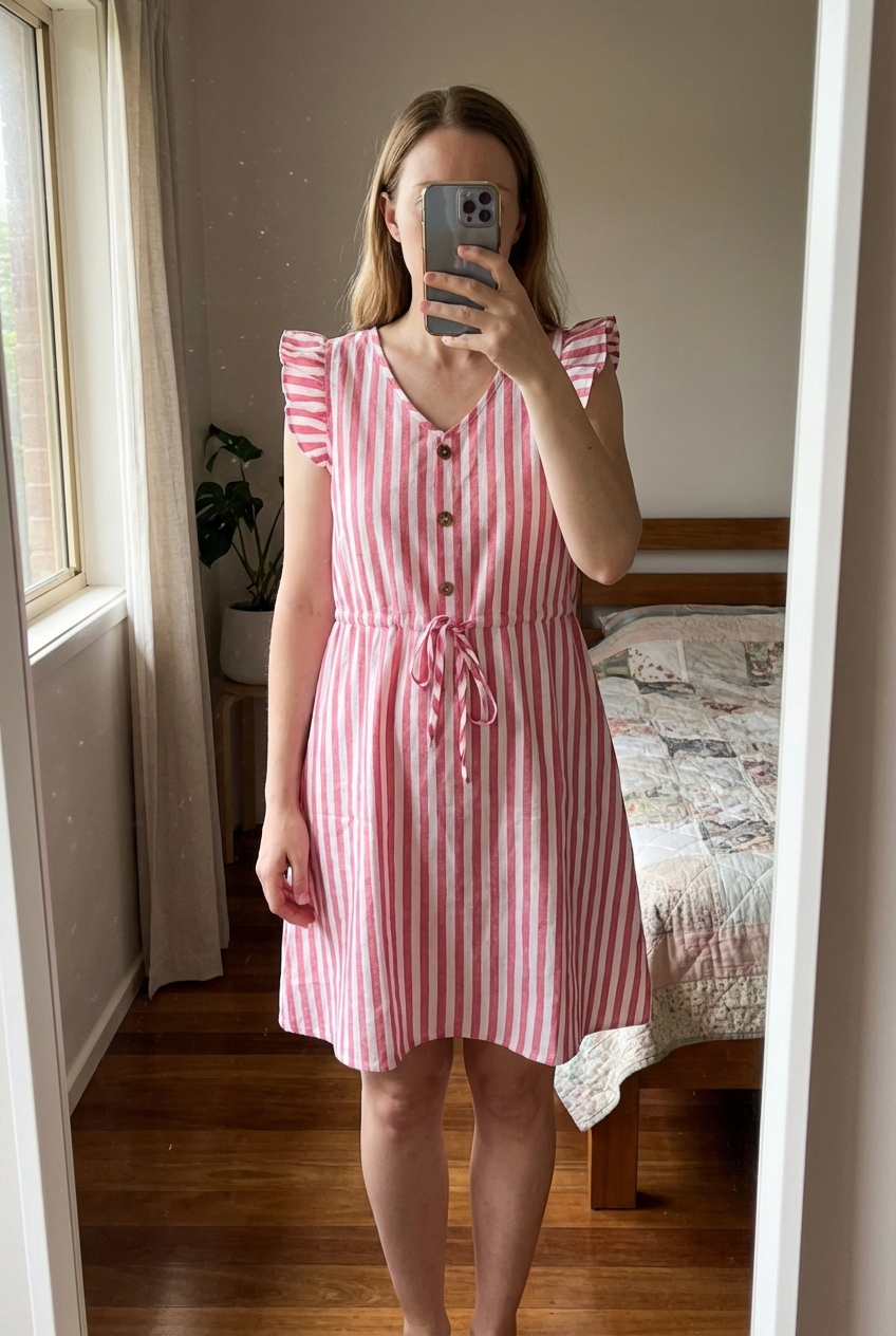 Une personne en Robe mi-longue à rayures debout, face à la caméra, dans une chambre à la lumière douce, avec une lumière naturelle filtrant par la fenêtre.