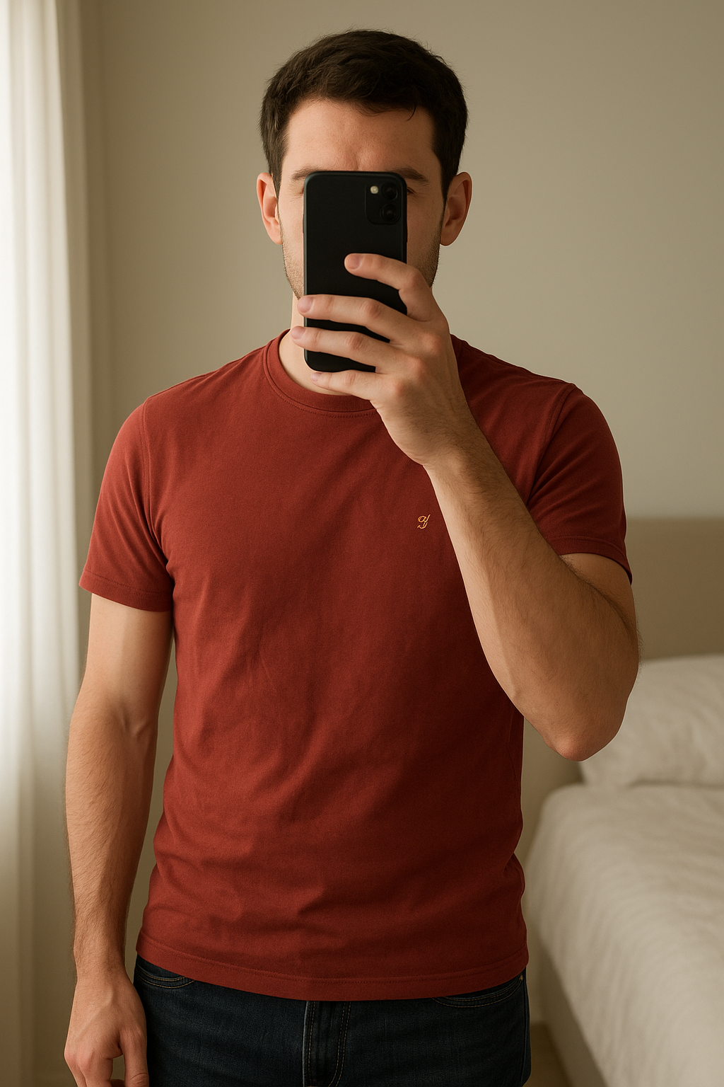 Teeshirt Farah debout, face à la caméra, dans une chambre à la lumière douce, avec une lumière naturelle filtrant par la fenêtre.