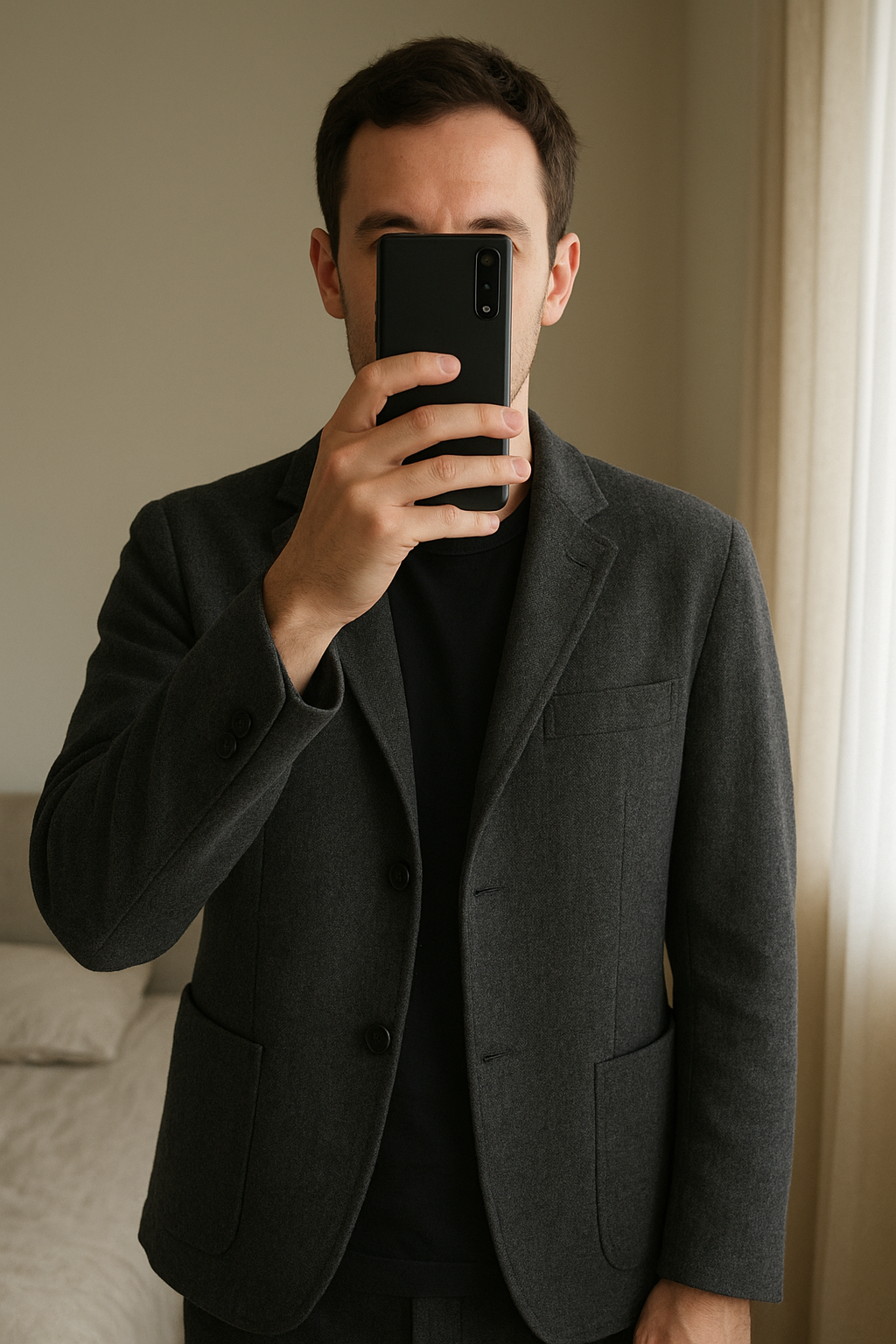 Blazer em pé, de frente para a câmera, em um quarto com iluminação suave e luz natural filtrando pela janela.