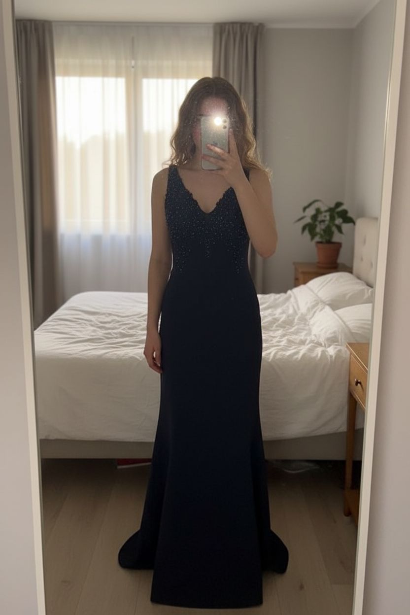 🖤 Robe de soirée Huit Vera bleu marine debout, face à la caméra, dans une chambre à la lumière douce, avec une lumière naturelle filtrant par la fenêtre.