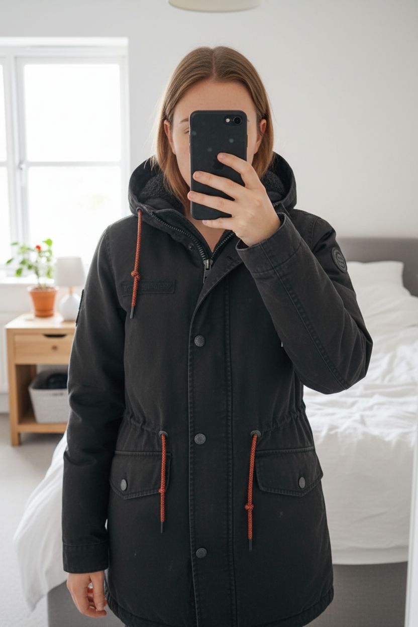 Superdry black parka jacket size S utility hooded coat standing straight facing the camera, in a softly lit bedroom setting, with gentle natural light filtering through a window.