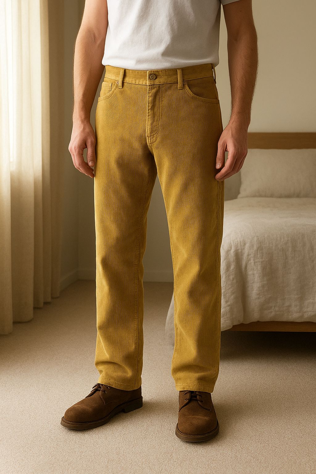 Pantalon debout, face à la caméra, dans une chambre à la lumière douce, avec une lumière naturelle filtrant par la fenêtre.