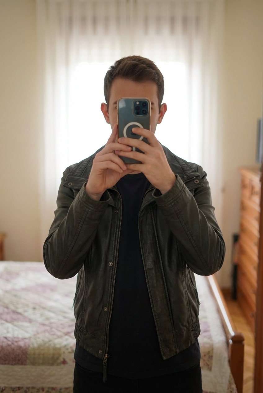 Chaqueta de cuero motera de pie, mirando a la cámara, en un dormitorio con luz suave y natural filtrándose por la ventana.