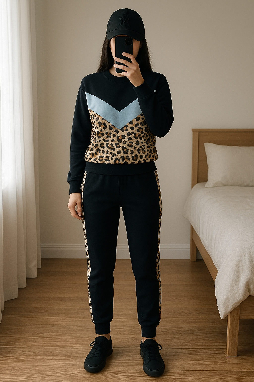 People Leopard Look Bambina Style in piedi, rivolto verso la fotocamera, in una camera da letto con luce soffusa e luce naturale che filtra dalla finestra.