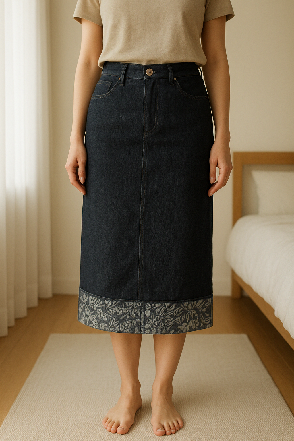 Jupe Phillip Plein édition limitée debout, face à la caméra, dans une chambre à la lumière douce, avec une lumière naturelle filtrant par la fenêtre.