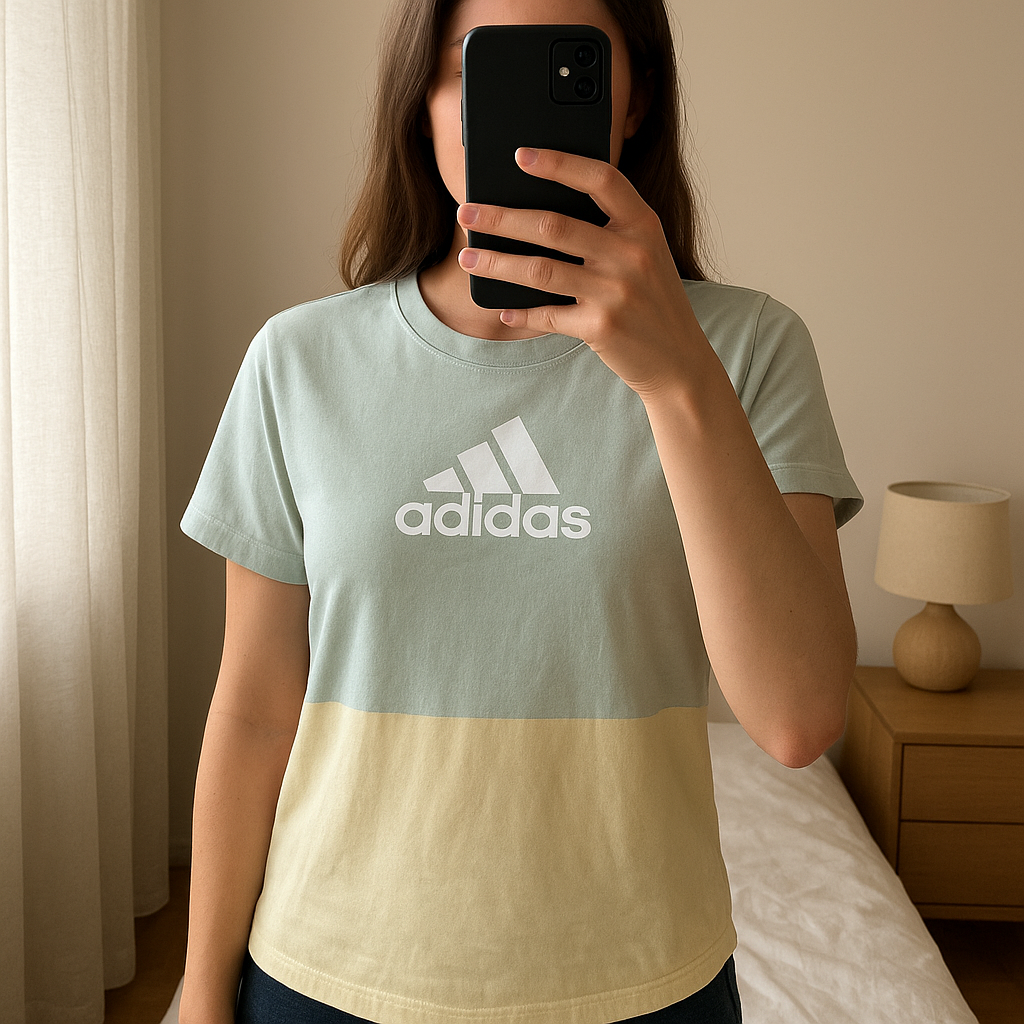 T-shirt Adidas debout, face à la caméra, dans une chambre à la lumière douce, avec une lumière naturelle filtrant par la fenêtre.