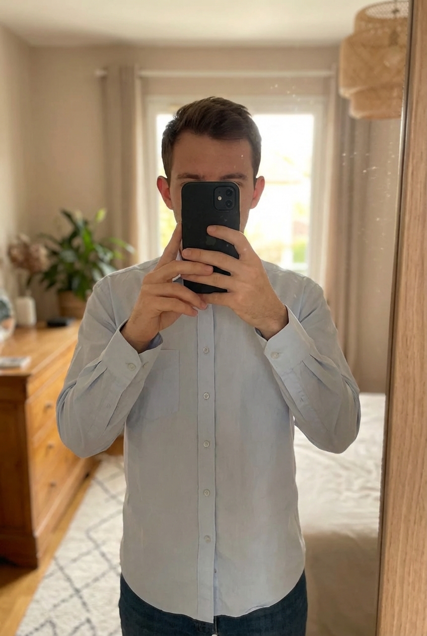 Chemise Vilmont Taille M en trés bonne état debout, face à la caméra, dans une chambre à la lumière douce, avec une lumière naturelle filtrant par la fenêtre.