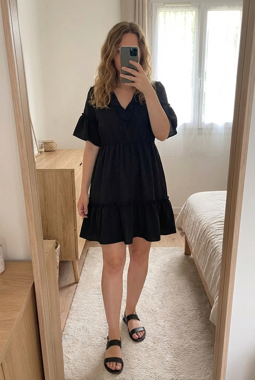 Robe noir dos nu shein taille 40 debout, face à la caméra, dans une chambre à la lumière douce, avec une lumière naturelle filtrant par la fenêtre.