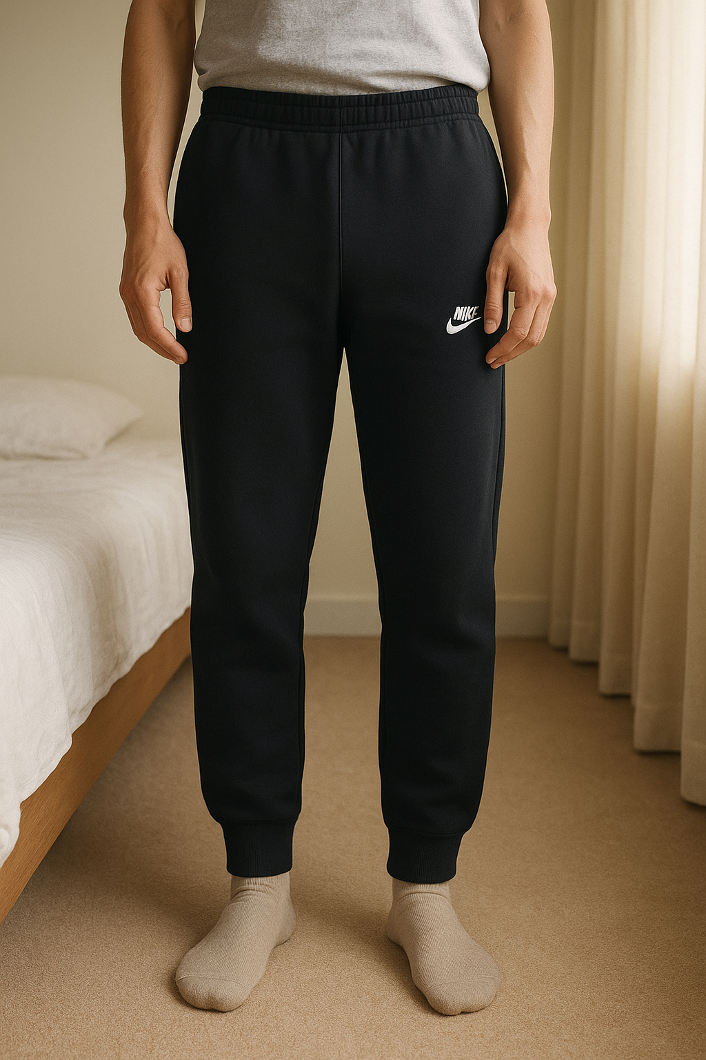 Joggings nike 137-146 cm debout, face à la caméra, dans une chambre à la lumière douce, avec une lumière naturelle filtrant par la fenêtre.