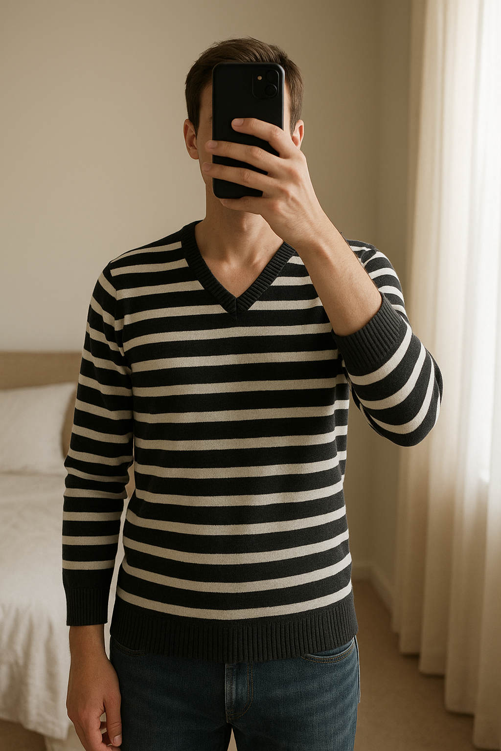 Pull marin debout, face à la caméra, dans une chambre à la lumière douce, avec une lumière naturelle filtrant par la fenêtre.