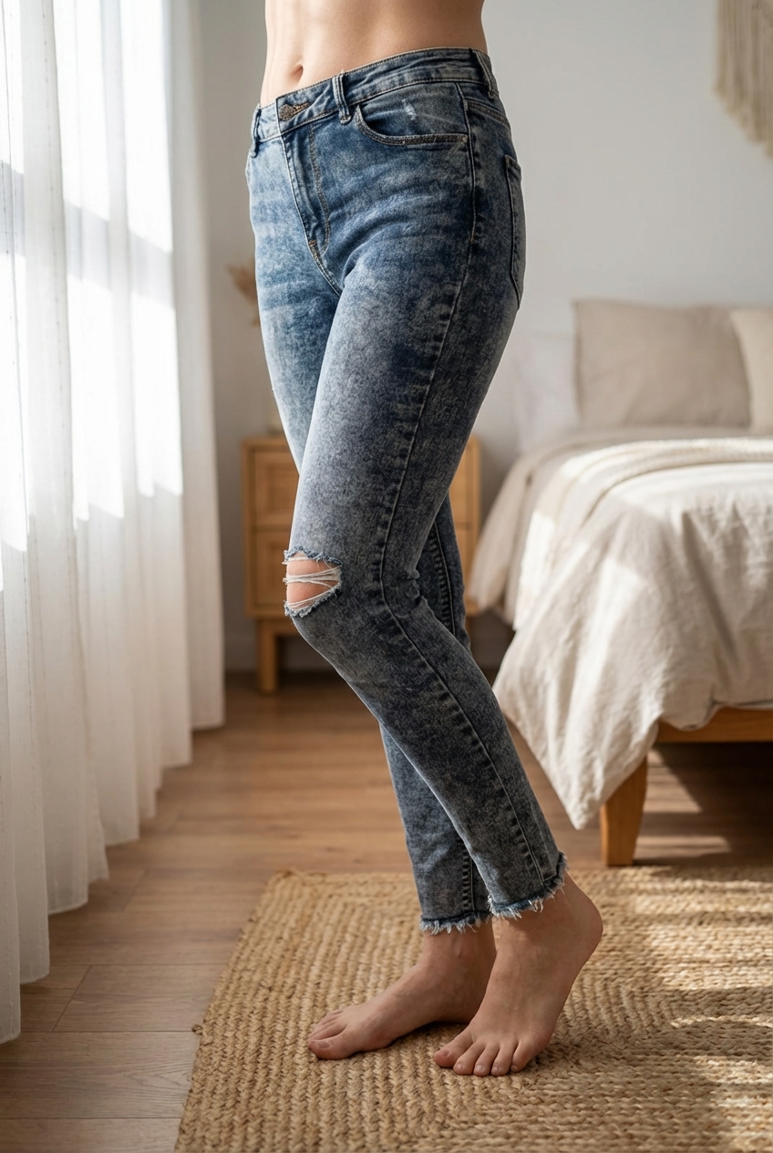 Pantalón pitillo elástico de pie, mirando a la cámara, en un dormitorio con luz suave y natural filtrándose por la ventana.