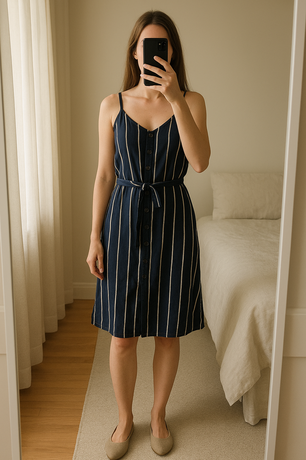 Tuta corta in piedi, rivolto verso la fotocamera, in una camera da letto con luce soffusa e luce naturale che filtra dalla finestra.