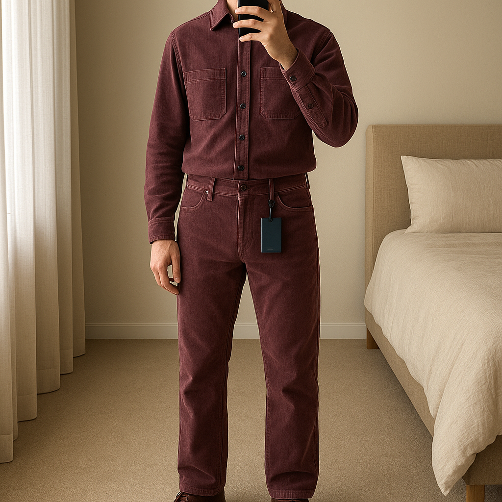 Pantalón de pana. Nuevo con etiquetas de pie, mirando a la cámara, en un dormitorio con luz suave y natural filtrándose por la ventana.