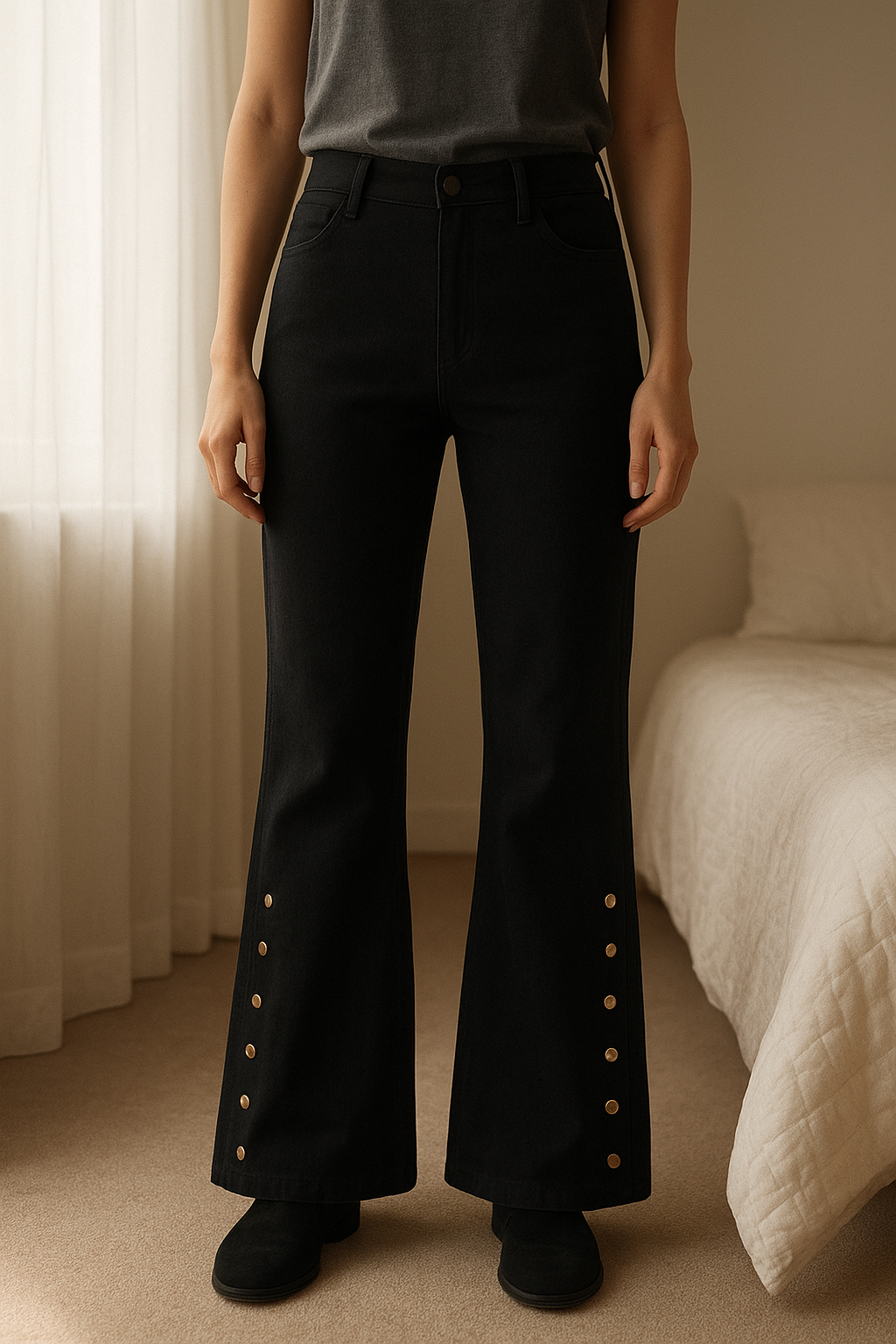 L’Autre Chose pantalone nero in piedi, rivolto verso la fotocamera, in una camera da letto con luce soffusa e luce naturale che filtra dalla finestra.