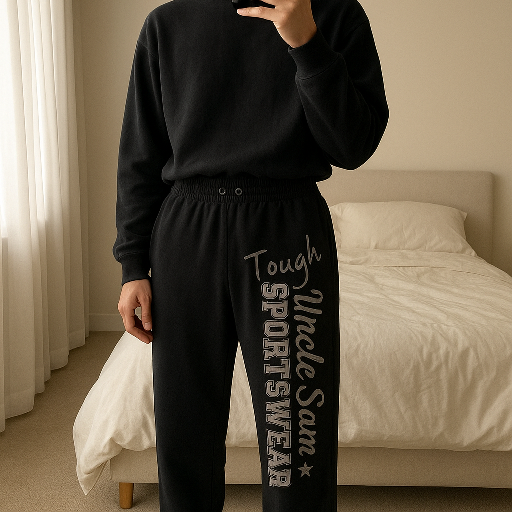 Uncle Sam Jogginghose – sportlich & bequem aufrecht stehend, der Kamera zugewandt, in einem sanft beleuchteten Schlafzimmer, mit natürlichem Licht, das durch ein Fenster fällt.